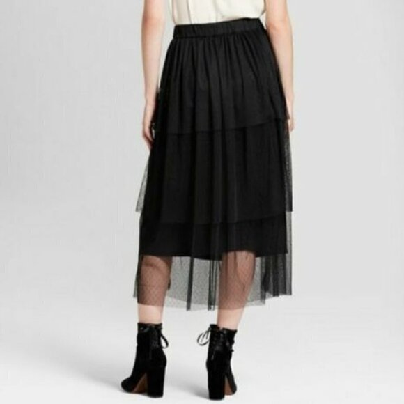Who What Wear Black Polka Dot Tulle Tiered Ruffle Midi Skirt - Picture 2 of 6